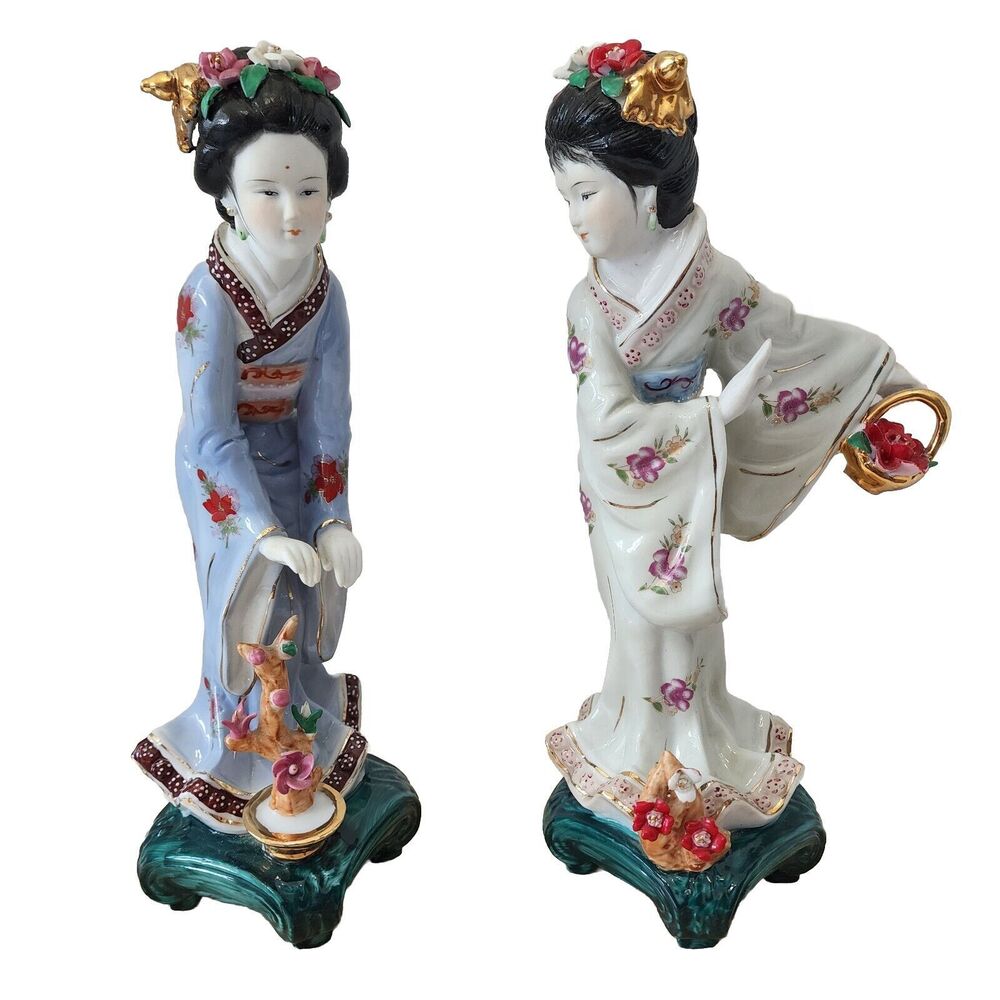 VTG Pair Japanese  Hand Painted Porcelain GEISHA Statues Figurines Gold Gilt 12”